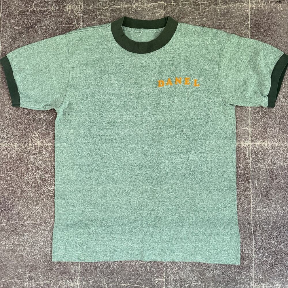 Men's Vintage 80s Heather Forest Green Danel Summer Camp Ringer T Shirt Tee Sz L